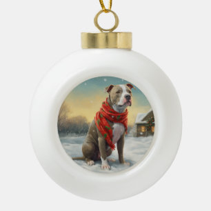 Pitbull Hond in Sneeuw Kerstmis Keramische Bal Ornament