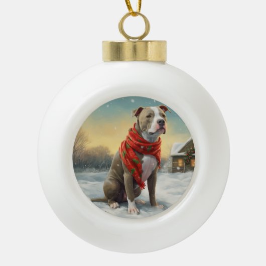 Pitbull Hond in Sneeuw Kerstmis Keramische Bal Ornament (Voorkant)