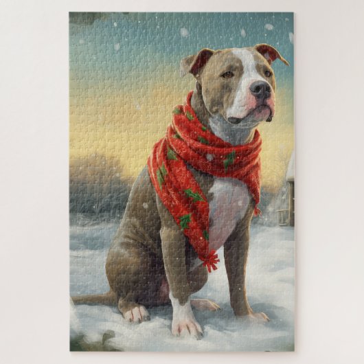 Pitbull Hond in Sneeuw Kerstmis Legpuzzel (Verticaal)