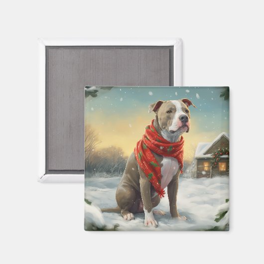 Pitbull Hond in Sneeuw Kerstmis Magneet (Voorkant / Achterkant)