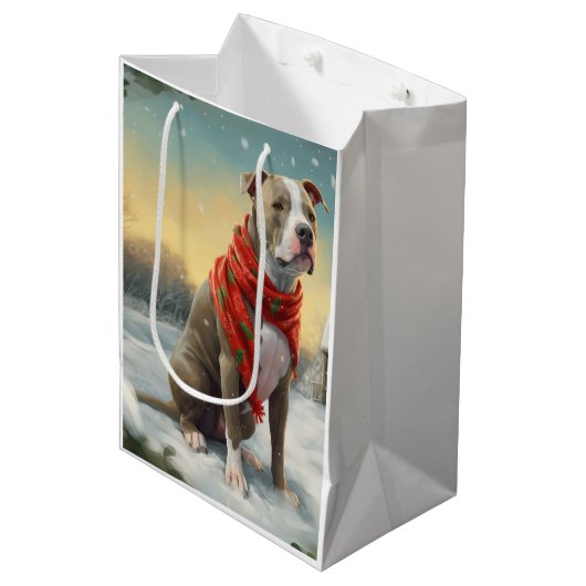 Pitbull Hond in Sneeuw Kerstmis Medium Cadeauzakje (Voorkant Gekanteld)