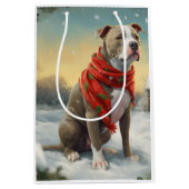 Pitbull Hond in Sneeuw Kerstmis Medium Cadeauzakje (Voorkant)
