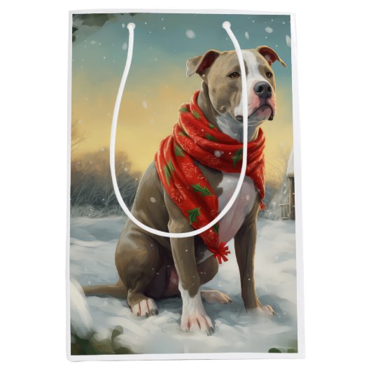 Pitbull Hond in Sneeuw Kerstmis Medium Cadeauzakje (Voorkant)