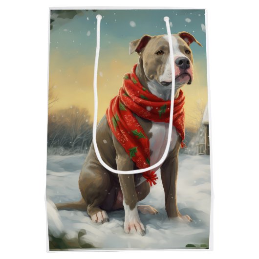 Pitbull Hond in Sneeuw Kerstmis Medium Cadeauzakje (Achterkant)