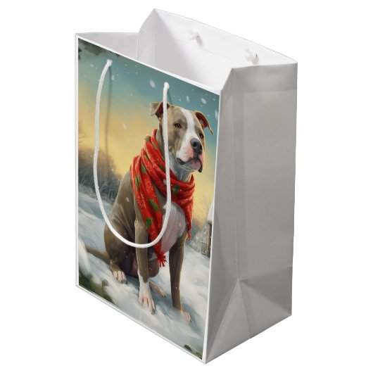 Pitbull Hond in Sneeuw Kerstmis Medium Cadeauzakje (Achterkant Gekanteld)