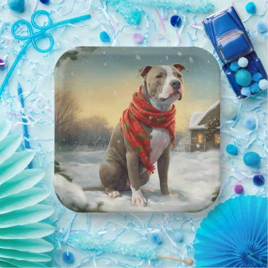 Pitbull Hond in Sneeuw Kerstmis Papieren Bordje (Feest)