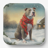 Pitbull Hond in Sneeuw Kerstmis Papieren Bordje (Voorkant)
