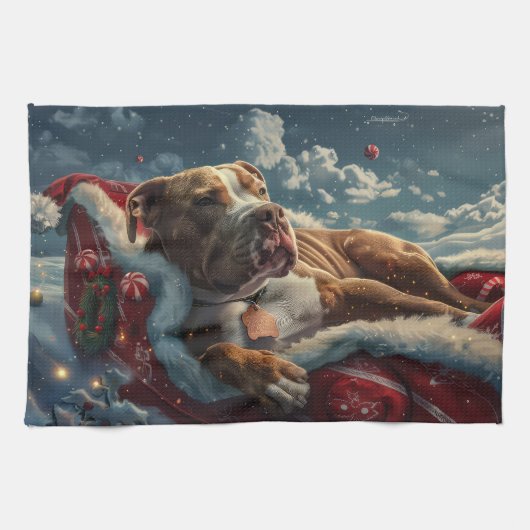 Pitbull Hond Kerst Feestelijk Theedoek (Horizontaal)