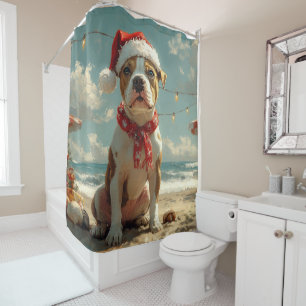 Pitbull Hond Kerstmis Vintage Strand Douchegordijn