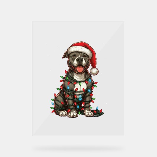 Pitbull Hond Kerstverlichting Kerstman Hoed Kersts Acryl Bord (Voorkant)