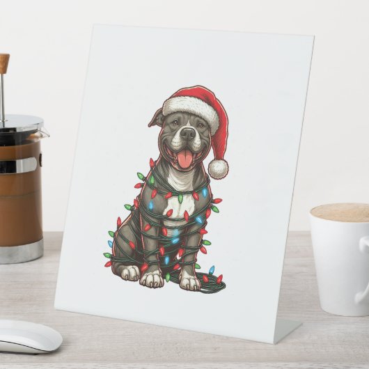Pitbull Hond Kerstverlichting Kerstman Hoed Kersts Reclamebord Met Voetstuk (Insitu)