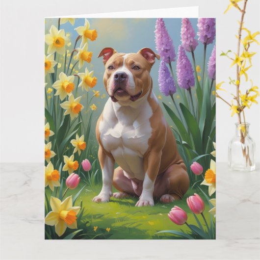 Pitbull-hond lente bloemen schilderij  kaart (Gele Bloem)