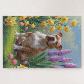 Pitbull-hond lente bloemen schilderij legpuzzel (Horizontaal)