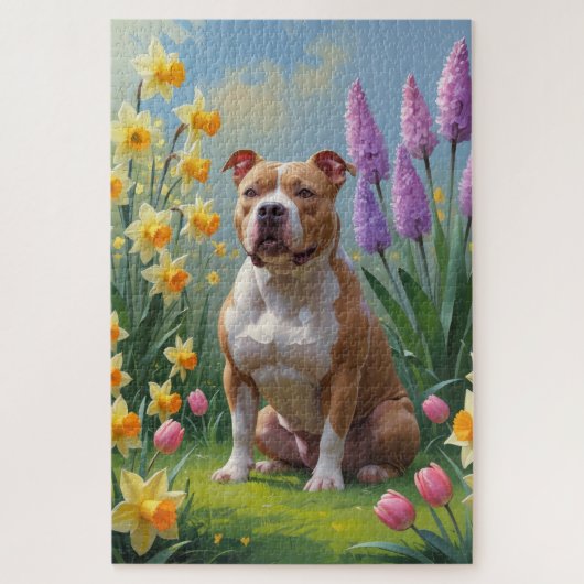 Pitbull-hond lente bloemen schilderij legpuzzel (Verticaal)