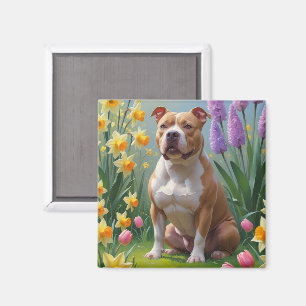 Pitbull-hond lente bloemen schilderij  magneet