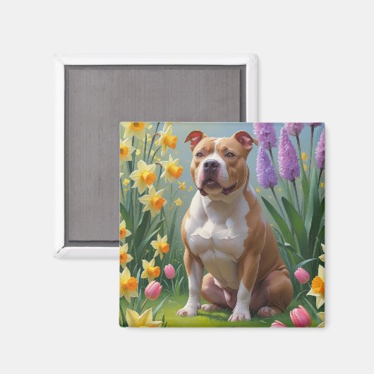 Pitbull-hond lente bloemen schilderij magneet (Voorkant / Achterkant)