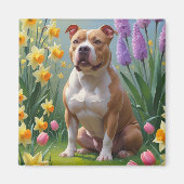 Pitbull-hond lente bloemen schilderij magneet (Voorkant)