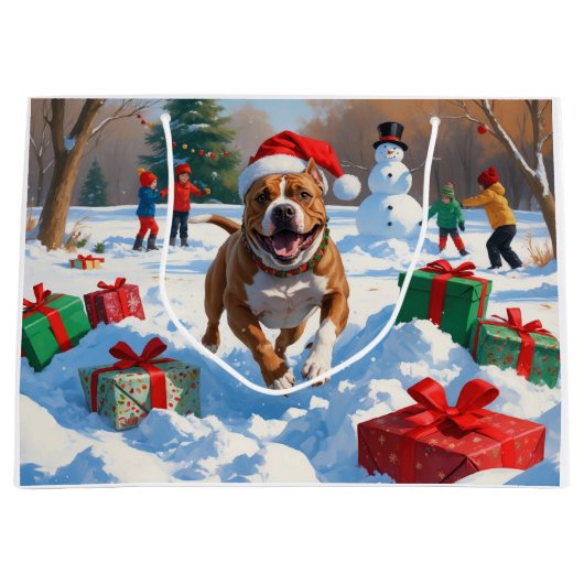 Pitbull hond loopt in de sneeuw met kerst Pet Groot Cadeauzakje (Voorkant)