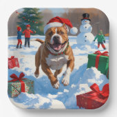 Pitbull hond loopt in de sneeuw met kerst Pet Papieren Bordje (Voorkant)