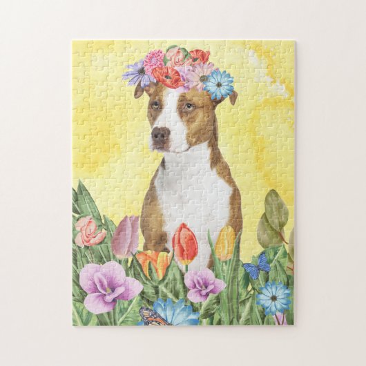 Pitbull Hond met Bloemen Lente Legpuzzel (Verticaal)