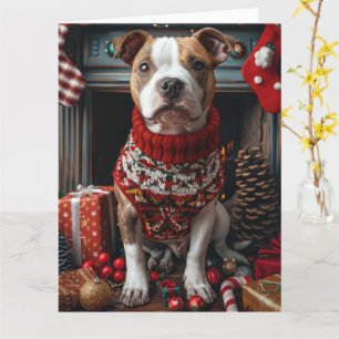 Pitbull-hond met kerstcadeaus bij de open haard kaart