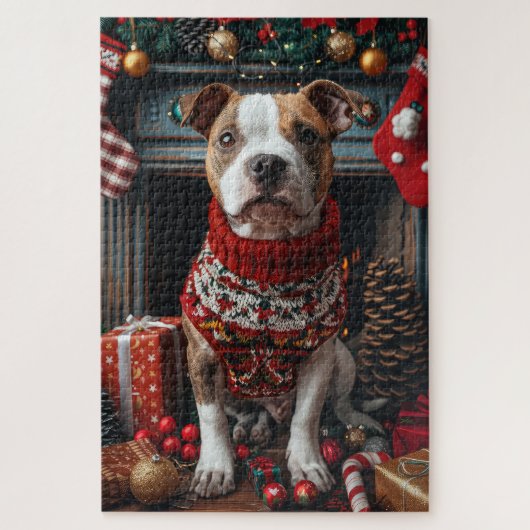 Pitbull-hond met kerstcadeaus bij de open haard legpuzzel (Verticaal)