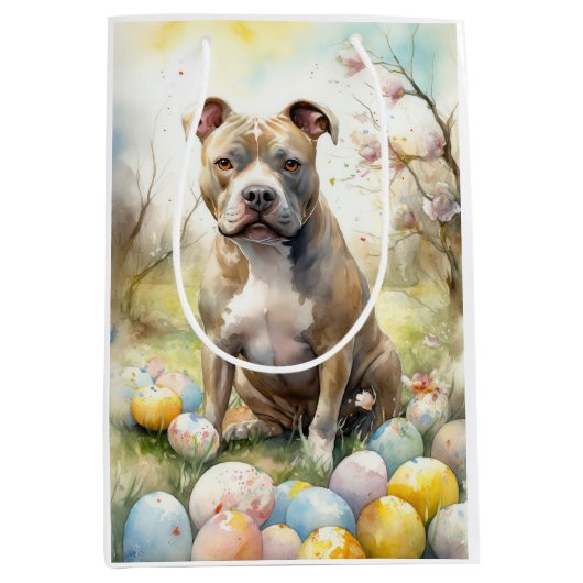 Pitbull Hond met Paaseieren Vakantie Medium Cadeauzakje (Voorkant)