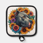 Pitbull hond omgeven door levendige zonnebloemen pannenlap (Voorkant)