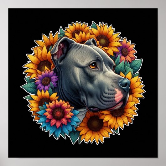 Pitbull hond omgeven door levendige zonnebloemen poster (Voorkant)