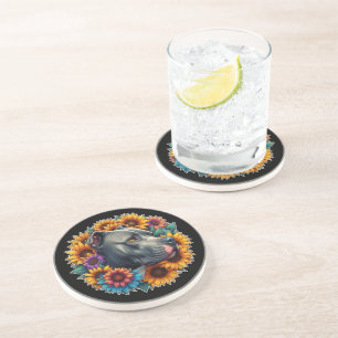 Pitbull hond omgeven door levendige zonnebloemen zandsteen onderzetter