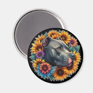 Pitbull-hond omringd door levendige zonnebloemen magneet