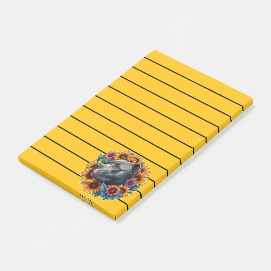 Pitbull-hond omringd door levendige zonnebloemen post-it® notes (Schuin)