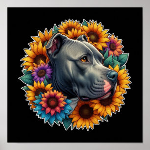 Pitbull-hond omringd door levendige zonnebloemen poster