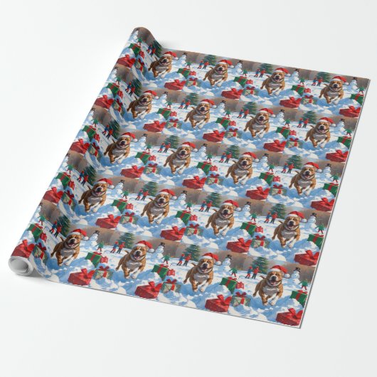 Pitbull-hond rent in de sneeuw met kerstmuts cadeaupapier (Uitgerold)