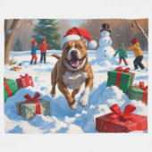 Pitbull-hond rent in de sneeuw met kerstmuts fleece deken (Voorkant (Horizontaal))