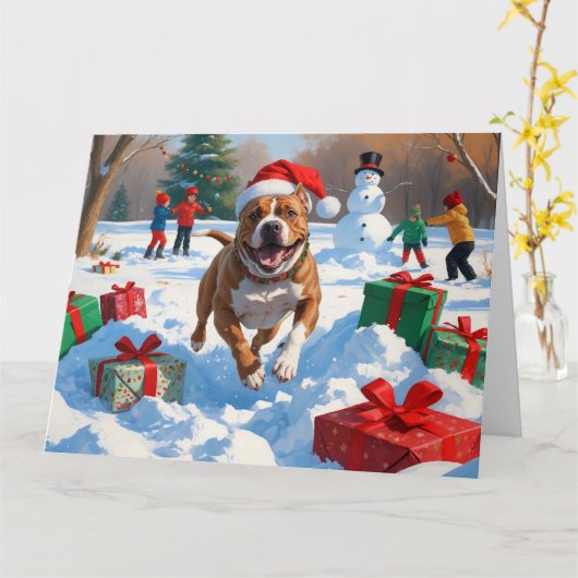 Pitbull-hond rent in de sneeuw met kerstmuts kaart (Gele Bloem)