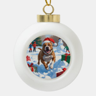 Pitbull-hond rent in de sneeuw met kerstmuts keramische bal ornament