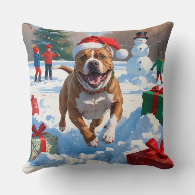 Pitbull-hond rent in de sneeuw met kerstmuts kussen (Achterkant)