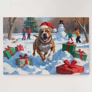 Pitbull-hond rent in de sneeuw met kerstmuts legpuzzel