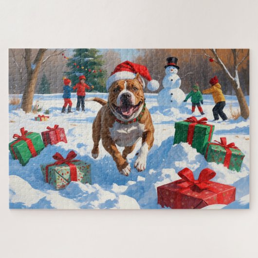 Pitbull-hond rent in de sneeuw met kerstmuts legpuzzel (Horizontaal)