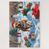 Pitbull-hond rent in de sneeuw met kerstmuts legpuzzel (Verticaal)