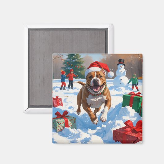 Pitbull-hond rent in de sneeuw met kerstmuts magneet (Voorkant / Achterkant)