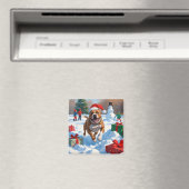 Pitbull-hond rent in de sneeuw met kerstmuts magneet (Insitu (Vaatwasser))
