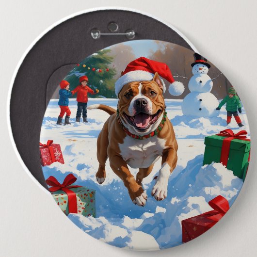 Pitbull-hond rent in de sneeuw met kerstmuts ronde button 6,0 cm (Voorkant /achterkant)
