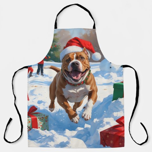 Pitbull-hond rent in de sneeuw met kerstmuts schort (Voorkant)