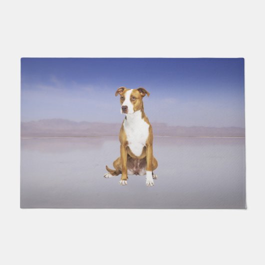 Pitbull hond zitten op het strand deurmat (Voorkant)