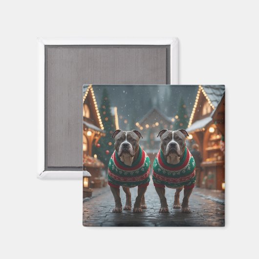 Pitbull Honden Kerst Sneeuw Vakantie Magneet (Voorkant / Achterkant)