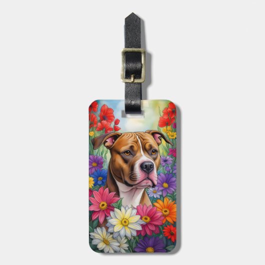 Pitbull in de bloementuin bagagelabel (Voorkant verticaal)
