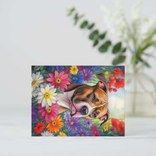 Pitbull in de bloementuin briefkaart (Staand voorkant)