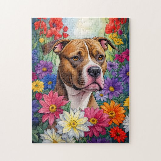 Pitbull in de bloementuin legpuzzel (Verticaal)